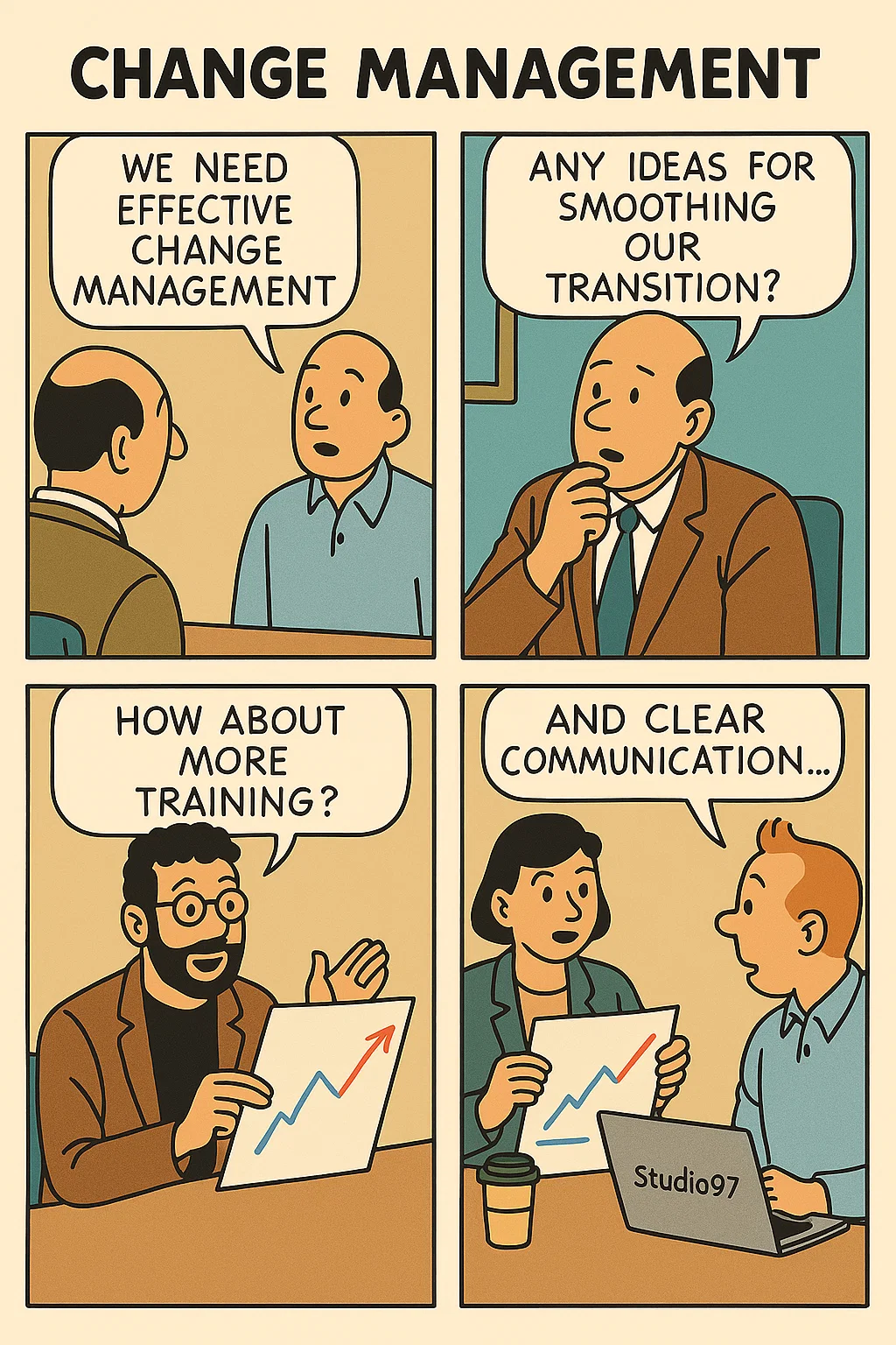 Change Management illustration featuring business professionals discussing effective change strategies, training programs, and clear communication for smooth organizational transitions