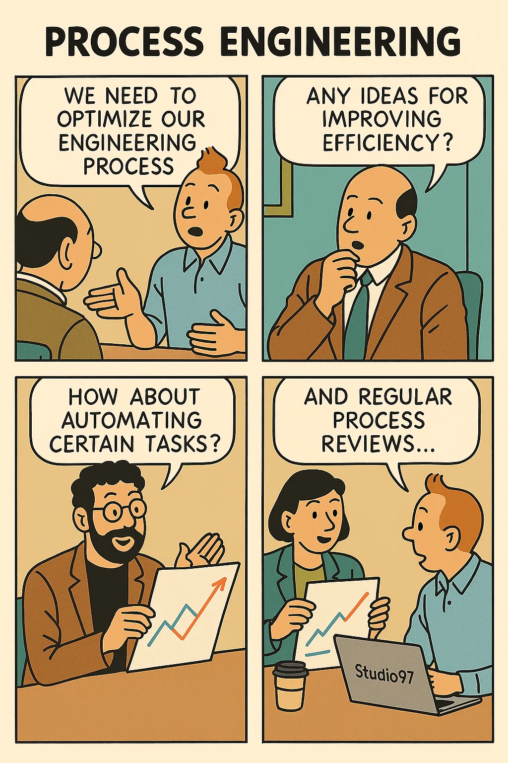 Process Reengineering illustration showing business professionals discussing workflow optimization, task automation, and process improvement strategies