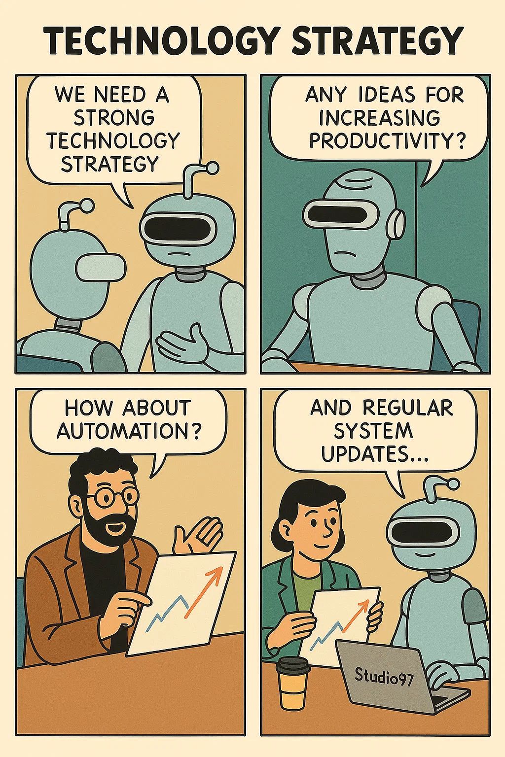 Technology Strategy illustration featuring robots and business professionals discussing automation, productivity improvements, and system updates for digital transformation